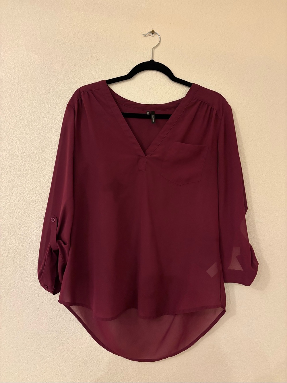 Maurices Burgundy V-Neck Roll-Tab Blouse